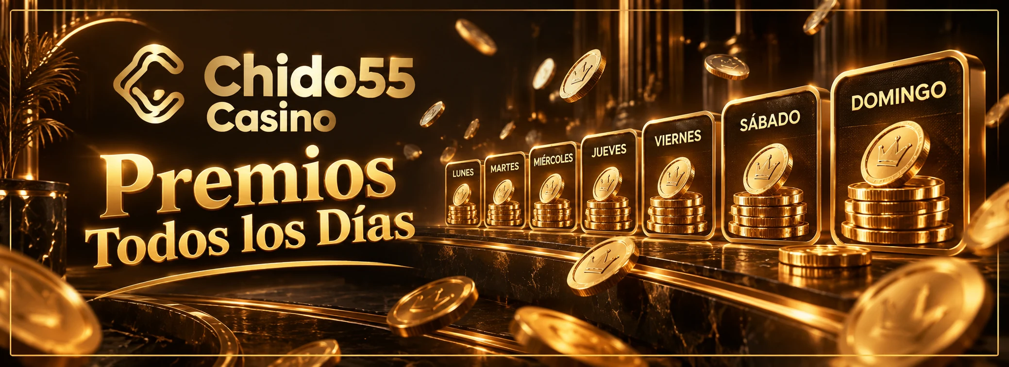 Banner de Chido55 casino México con el calendario de bonos diarios sobre un fondo espresso y oro